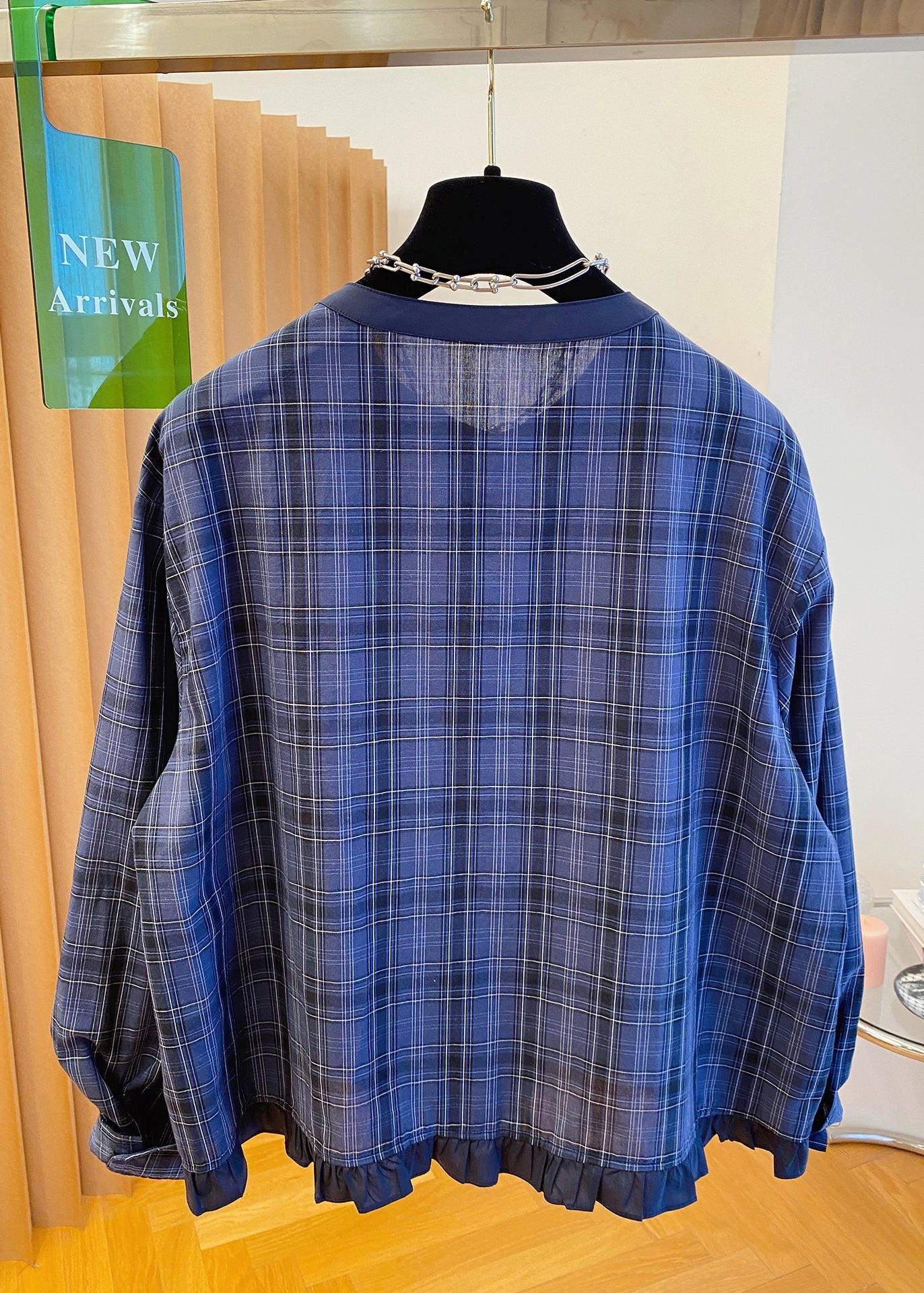Ruffled Cotton Blue Fall Plus Neck Shirt Top Plaid O Size