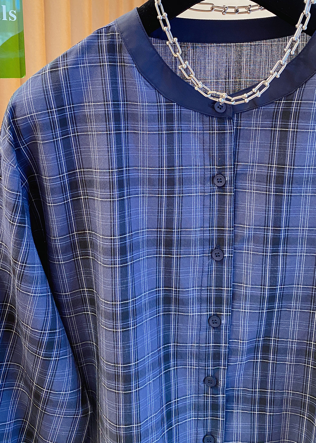 Ruffled Cotton Blue Fall Plus Neck Shirt Top Plaid O Size