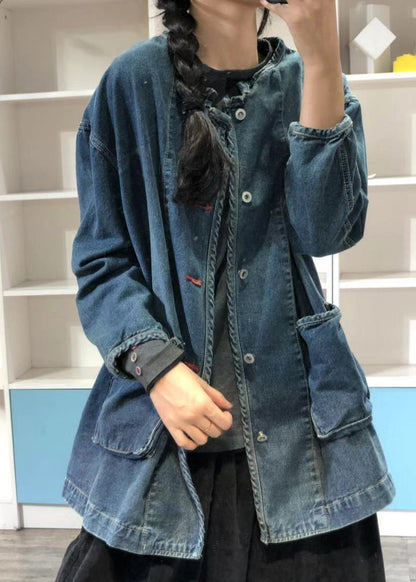 Plus Size Blue O Neck Pockets Button Patchwork Denim Coat Fall OO004