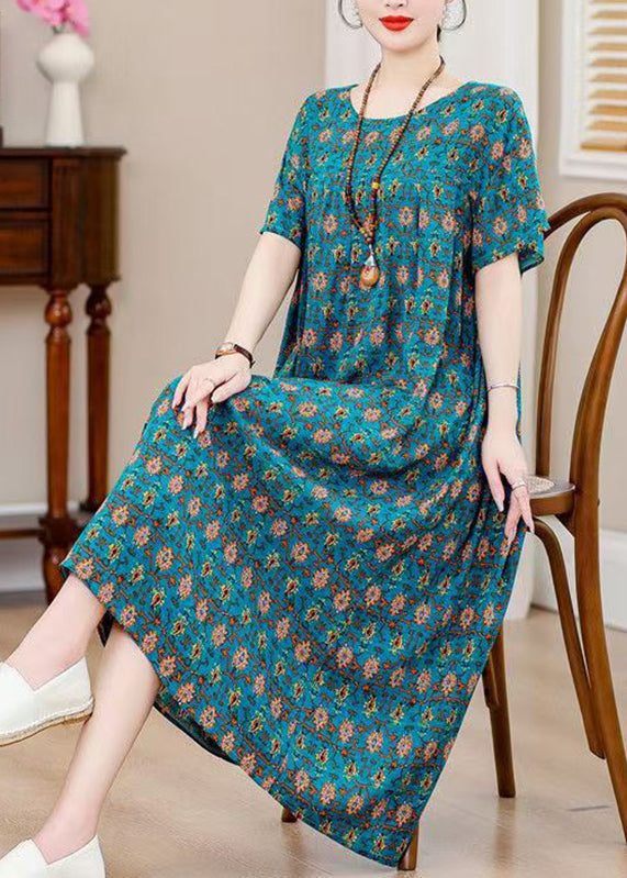 Plus Size Blue O-Neck Print Holiday Long Dress Short Sleeve QB022