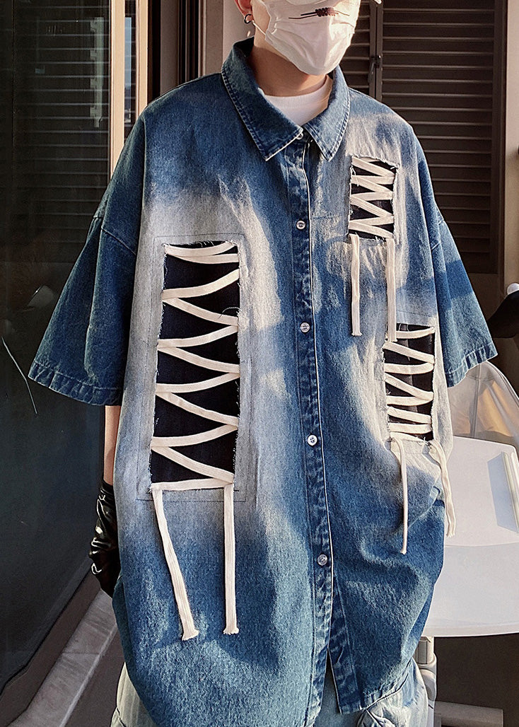Ärmel Patchwork Original Design Blau Shirts Plus Halbe Männer Größe