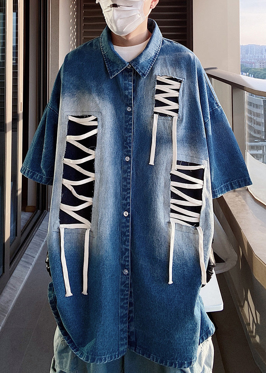 Ärmel Patchwork Original Design Blau Shirts Plus Halbe Männer Größe