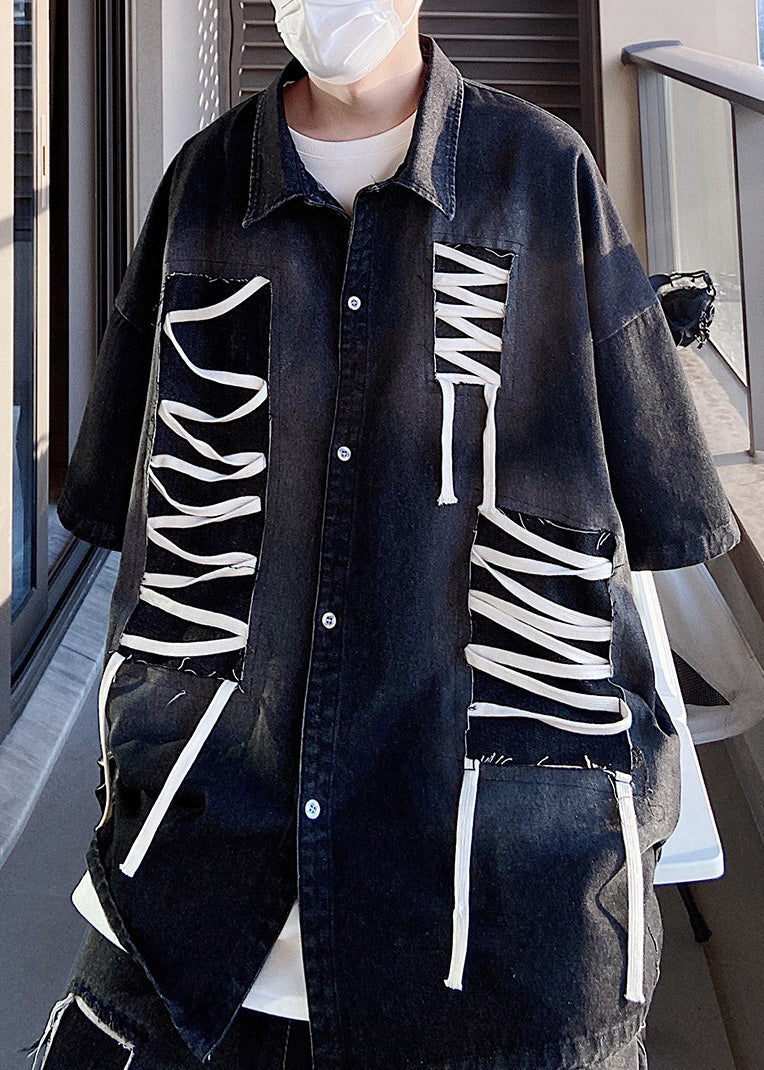 Ärmel Patchwork Original Design Blau Shirts Plus Halbe Männer Größe