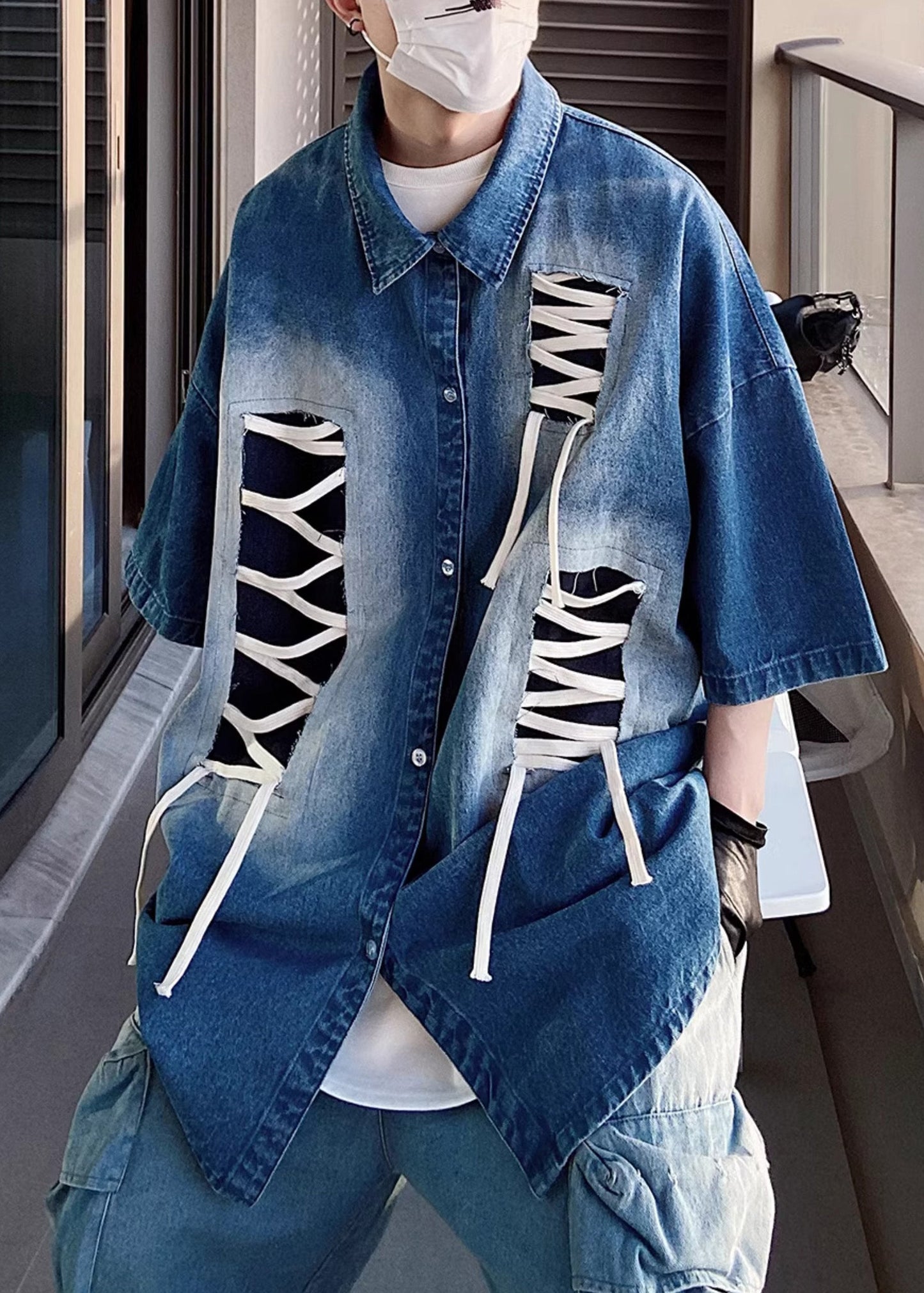 Ärmel Patchwork Original Design Blau Shirts Plus Halbe Männer Größe