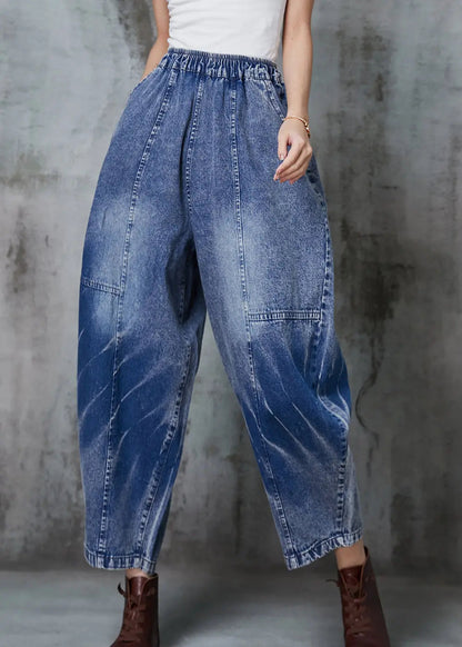 Plus Size Blue Oversized Patchwork Denim Crop Pants Spring Ada Fashion