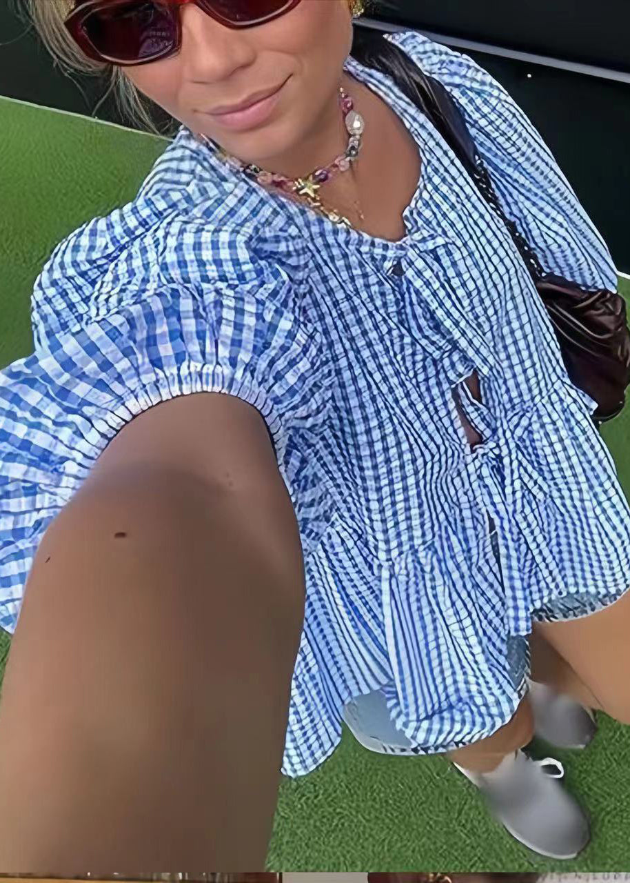 Puff Lace Size Plus Shirts Blue Sleeve Cotton Summer Up Plaid