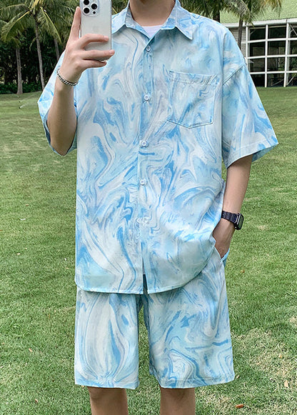 Plus Size Blue Tie Dye Pockets Ice Silk Mens Two Piece Set Summer HG067