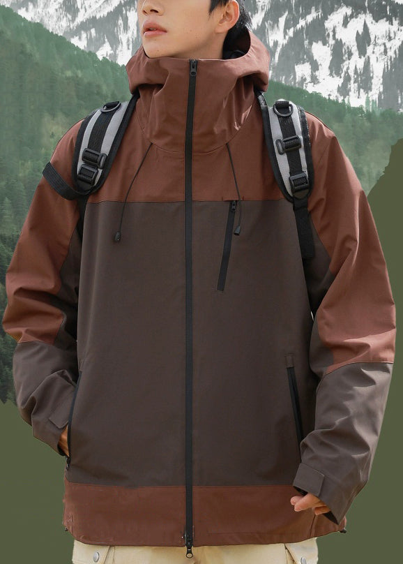 Hooded Brown Mens Cotton Zippered Plus Size Patchwork Coats