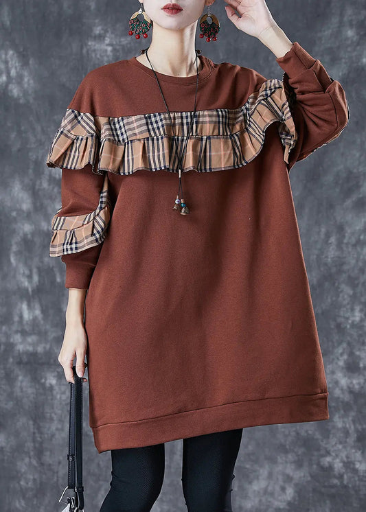 Plus Size Brown Ruffled Patchwork Cotton Sweatshirts Dress Fall Ada Fashion