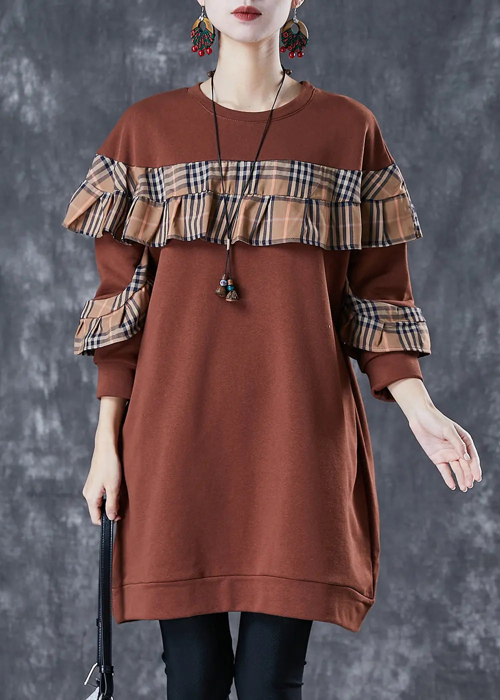 Plus Size Brown Ruffled Patchwork Cotton Sweatshirts Dress Fall Ada Fashion