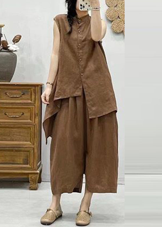 Plus Size Coffee Stand Collar Asymmetrical Patchwork Linen Waistcoat And Crop Pants Two Pieces Set Summer VV075