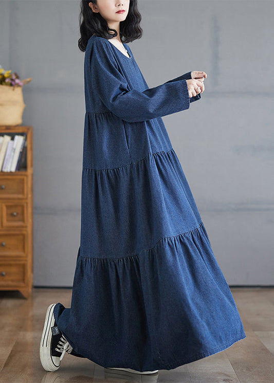 Robe longue en jean patchwork bleu taille plus, col rond, froissée