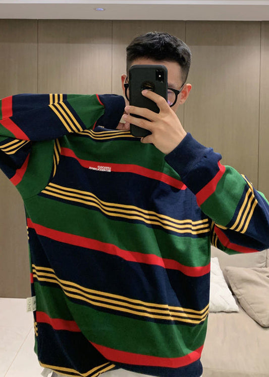 Plus Size Green O Neck Striped Cotton T Shirt Men Casual Clothing Fall WJ018