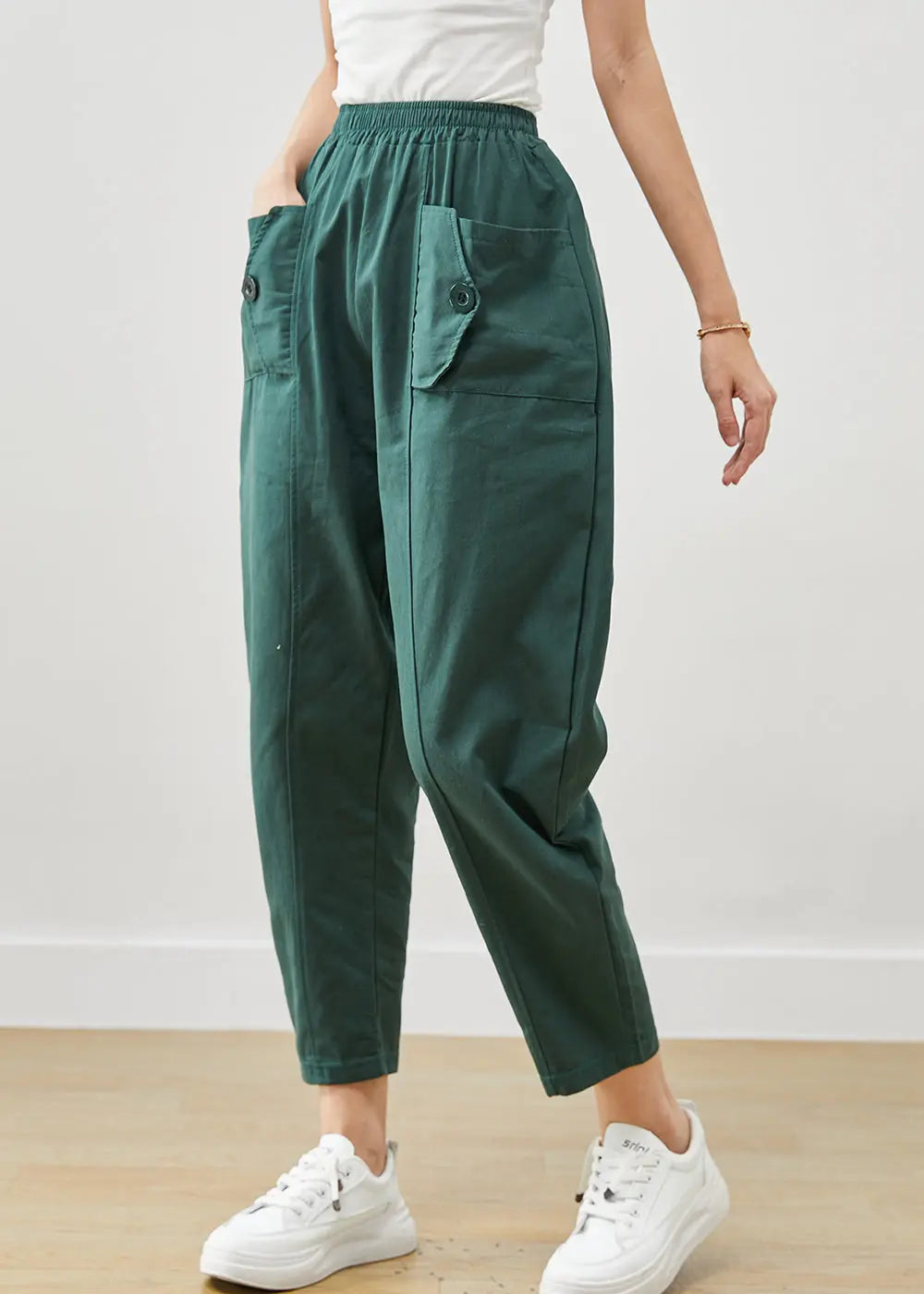 Plus Size Green Oversized Pockets Cotton Harem Pants Fall Ada Fashion