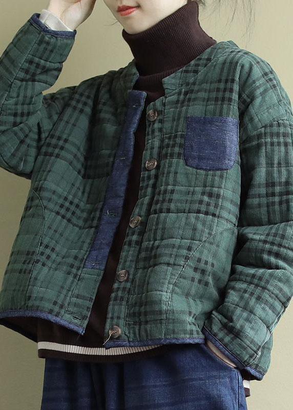 Plus Size Green Plaid Button Patchwork Winter Jackets Long sleeve QS049