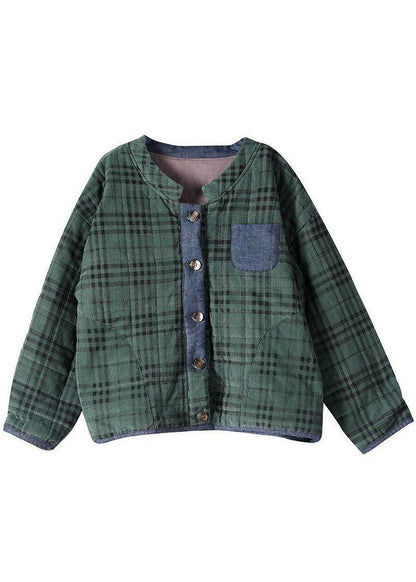 Plus Size Green Plaid Button Patchwork Winter Jackets Long sleeve QS049