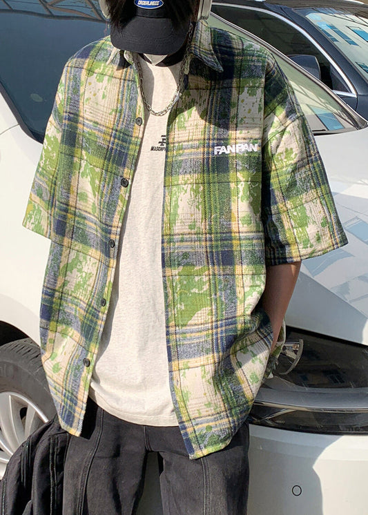 Chemises d'été à carreaux verts pour hommes, taille cravate, teinture coton