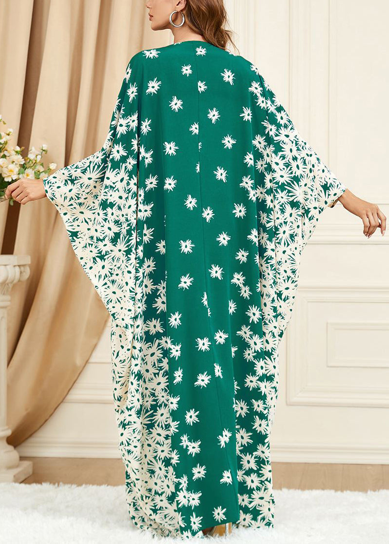 Plus Size Green Print Side Open Cotton Long Dress Batwing Sleeve AA1028