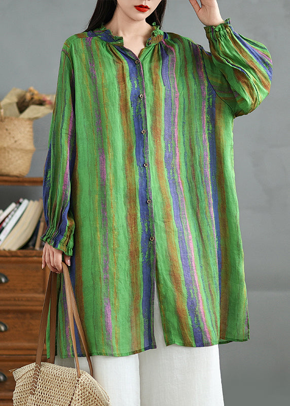 Plus Size Green Ruffled Stand Collar Striped Cotton Shirt Top Fall QK007