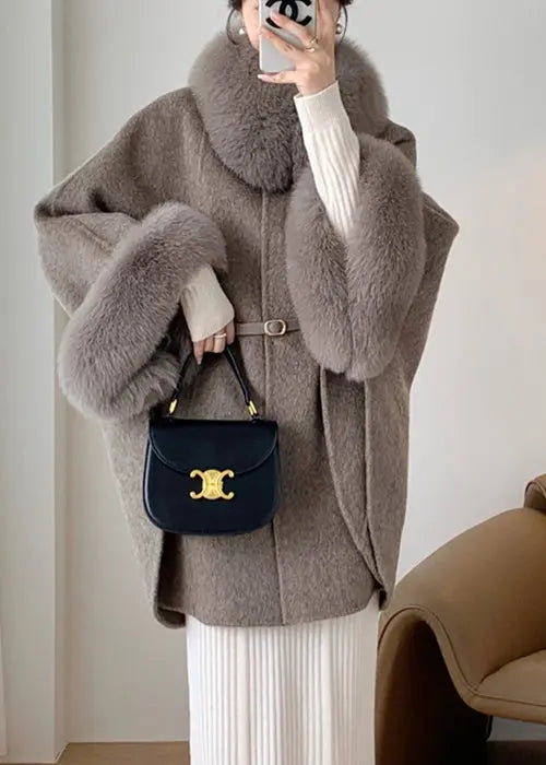 Plus Size Grey Fox Collar Pockets Leather And Fur Coats Winter Ada Fashion