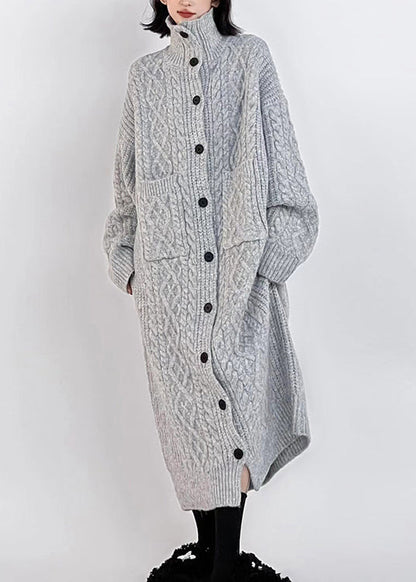 Plus Size Grey Hign Neck Button Long Knit Cardigan Winter RS033