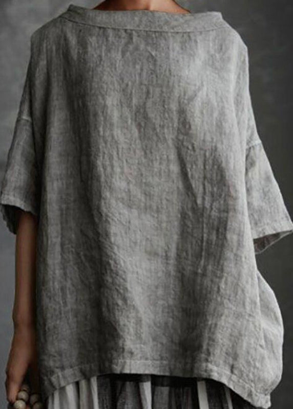 Shirts O-Neck Size T Grey Summer Solid Patchwork Plus