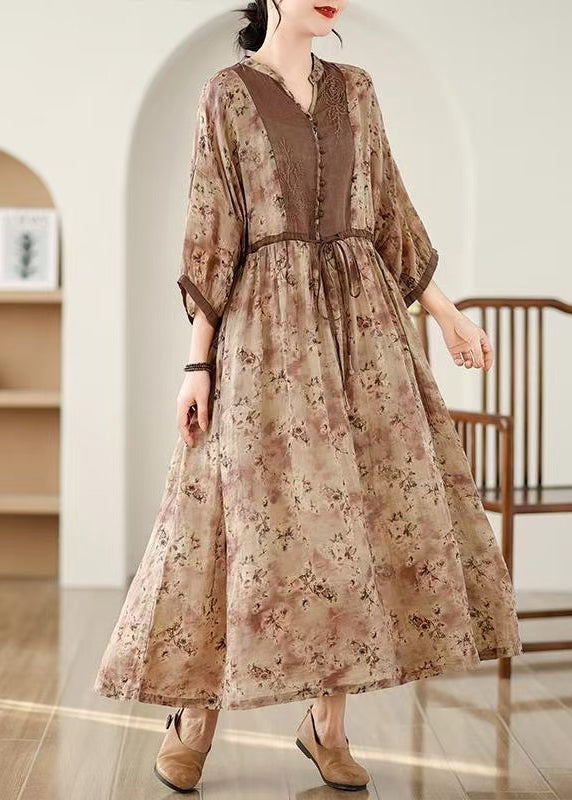 Khaki Dresses Pockets Tie Cotton Waist Long Fall Print Plus Size