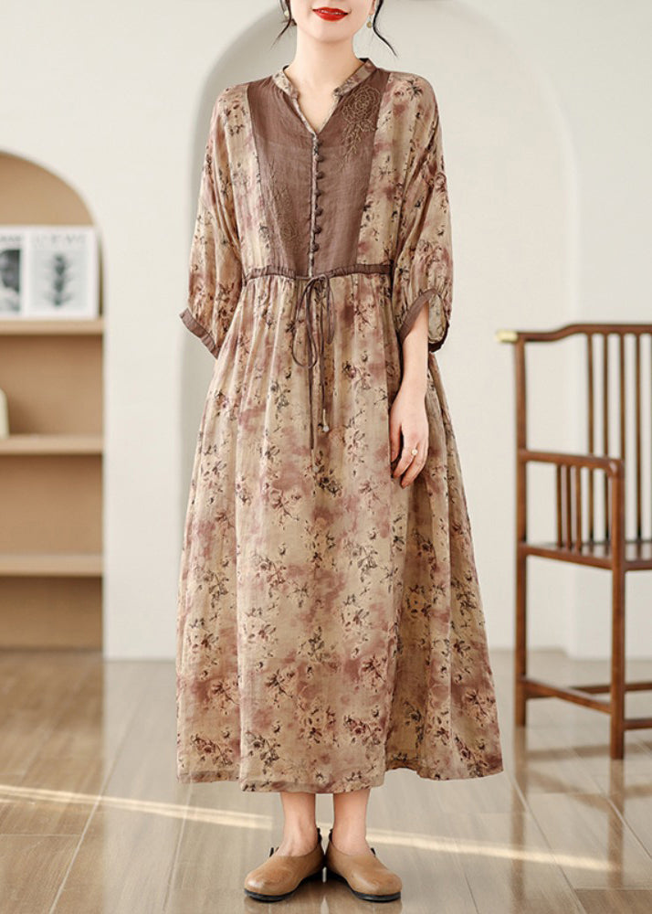 Khaki Dresses Pockets Tie Cotton Waist Long Fall Print Plus Size