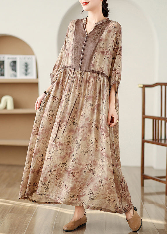 Khaki Dresses Pockets Tie Cotton Waist Long Fall Print Plus Size