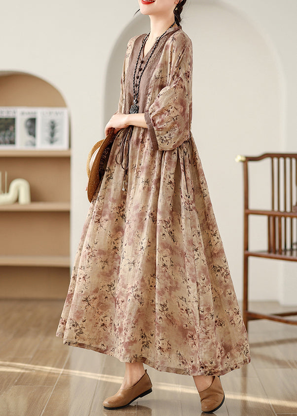Khaki Dresses Pockets Tie Cotton Waist Long Fall Print Plus Size
