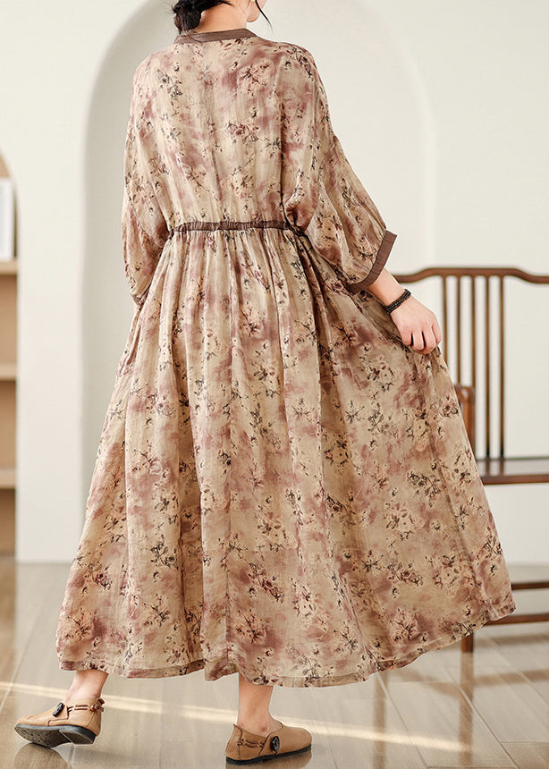 Khaki Dresses Pockets Tie Cotton Waist Long Fall Print Plus Size