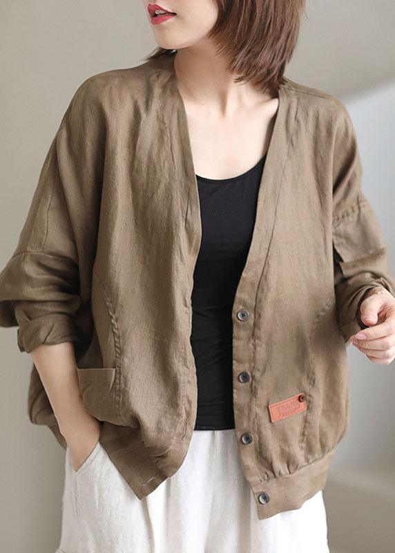 Plus Size Khaki V Neck Loose Button Fall Long sleeve Jacket QS051