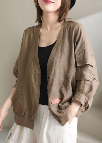 Plus Size Khaki V Neck Loose Button Fall Long sleeve Jacket QS051