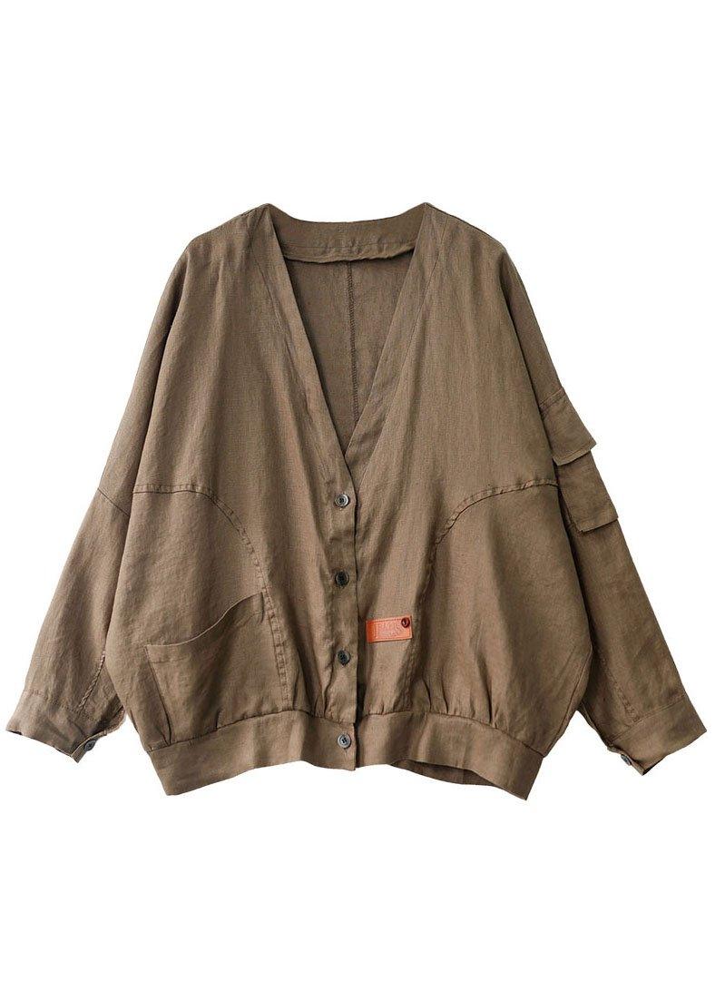 Plus Size Khaki V Neck Loose Button Fall Long sleeve Jacket QS051