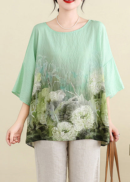 Plus Size Light Green O Neck Print Cotton T Shirt Batwing Sleeve JH055