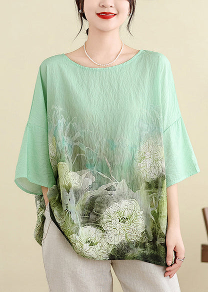 Plus Size Light Green O Neck Print Cotton T Shirt Batwing Sleeve JH055