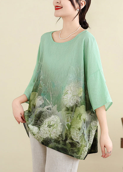 Plus Size Light Green O Neck Print Cotton T Shirt Batwing Sleeve JH055