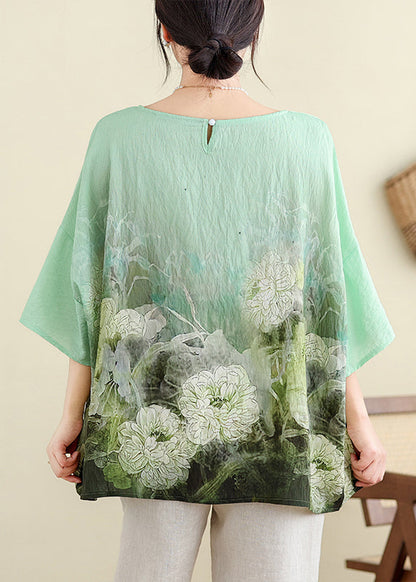 Plus Size Light Green O Neck Print Cotton T Shirt Batwing Sleeve JH055