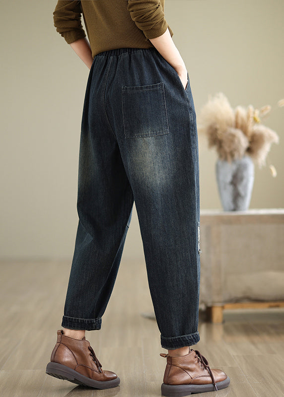 Pantalon en jean bleu marine à taille élastique avec poches grande taille pour l'automne QO040