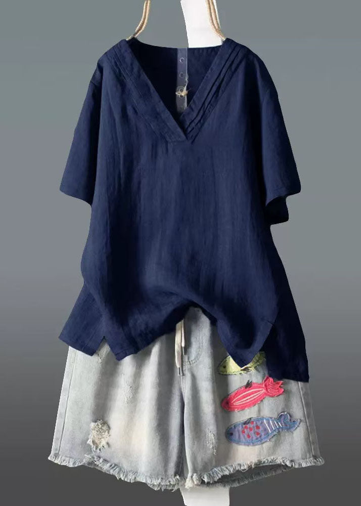 Leinen Größe Neck Tank V Wrinkled Navy Plus Sommer