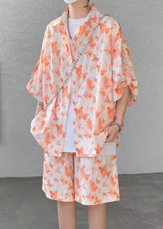 Plus Size Orange Button Print Ice Silk Herren Zweiteiler Halbarm HG056