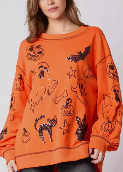 Plus Size Orange O Neck Sequins Cotton Sweatshirts Fall AE1040