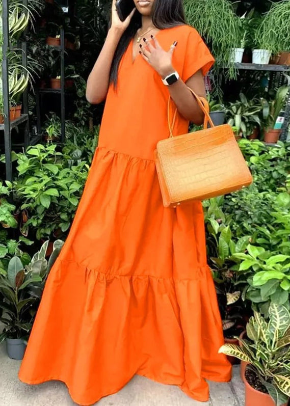 Robe d'été longue à col en V et patchwork, orange
