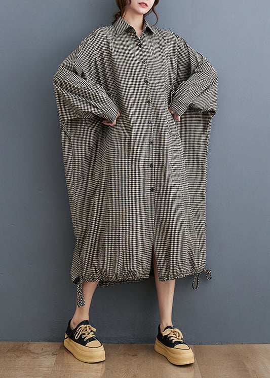 Plus Size Peter Pan Collar Plaid Cotton Shirts Dress Fall RU023