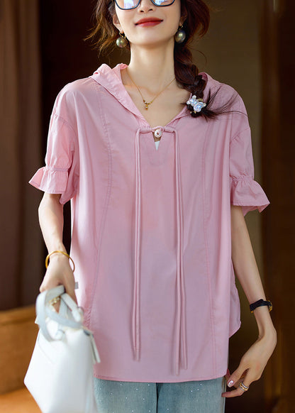 Plus Size Pink Hooded Chinese Button Cotton T Shirt Summer AC1018