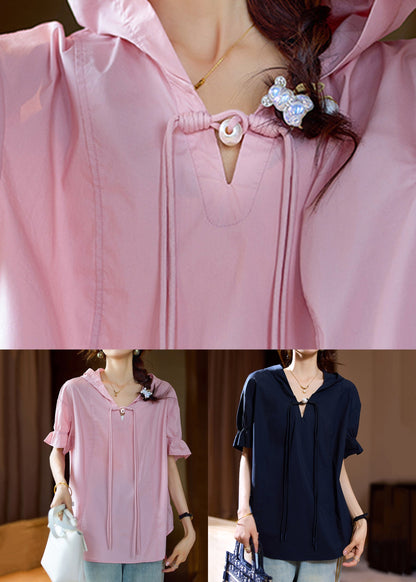 Plus Size Pink Hooded Chinese Button Cotton T Shirt Summer AC1018