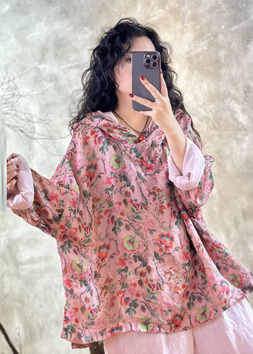 Plus Size Pink Oversized Print Leinen Kapuzenpullover Top Frühling TM005