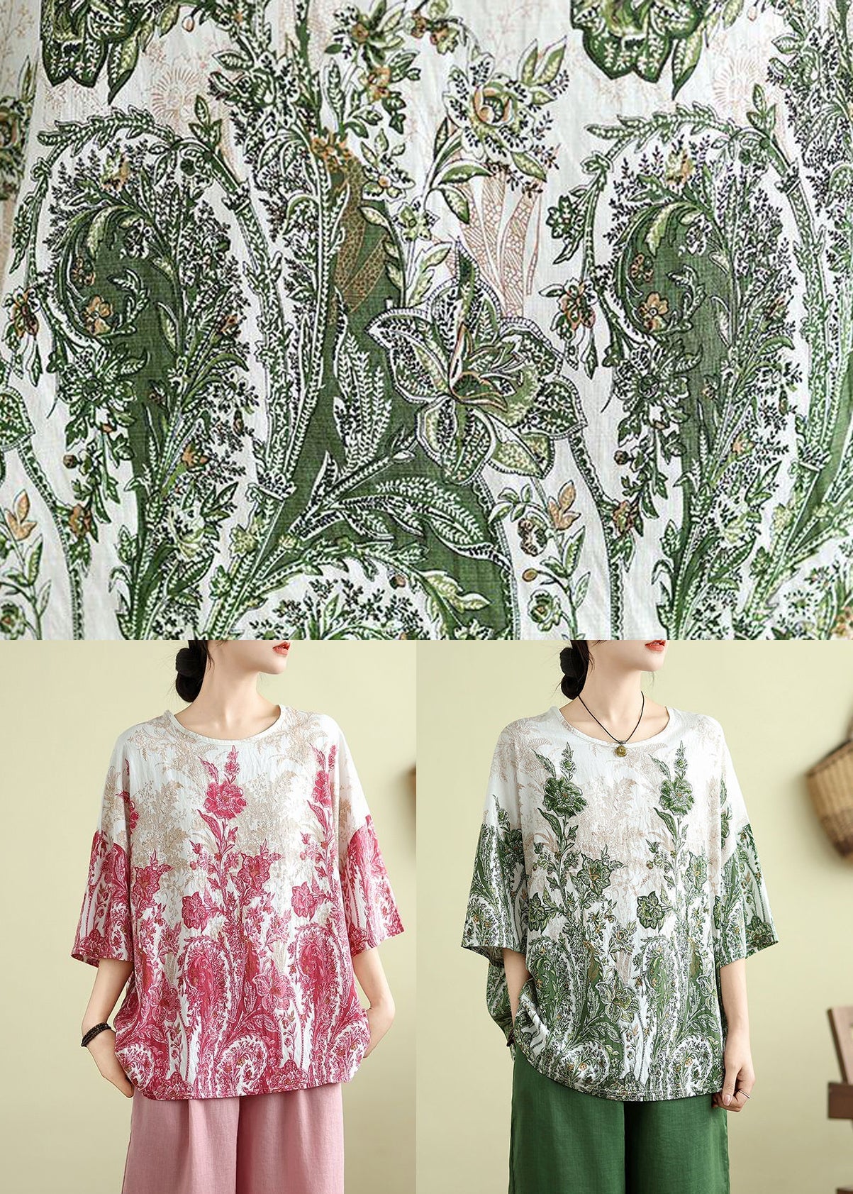 Haut imprimé rose à manches mi-longues, taille plus