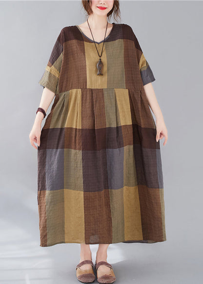 Plus Size Plaid V Neck Patchwork Linen Long Dresses Summer GG018