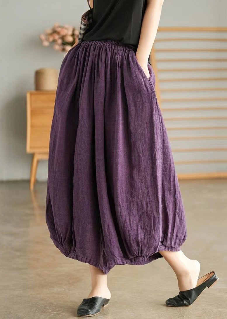 Plus Size Purple Pockets Elastic Waist Linen Crop Pants Summer VV043